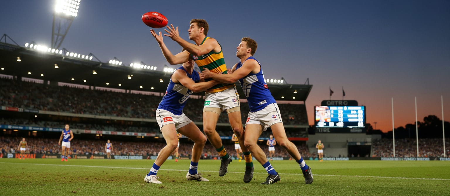 AFL players contesting the ball at a night match