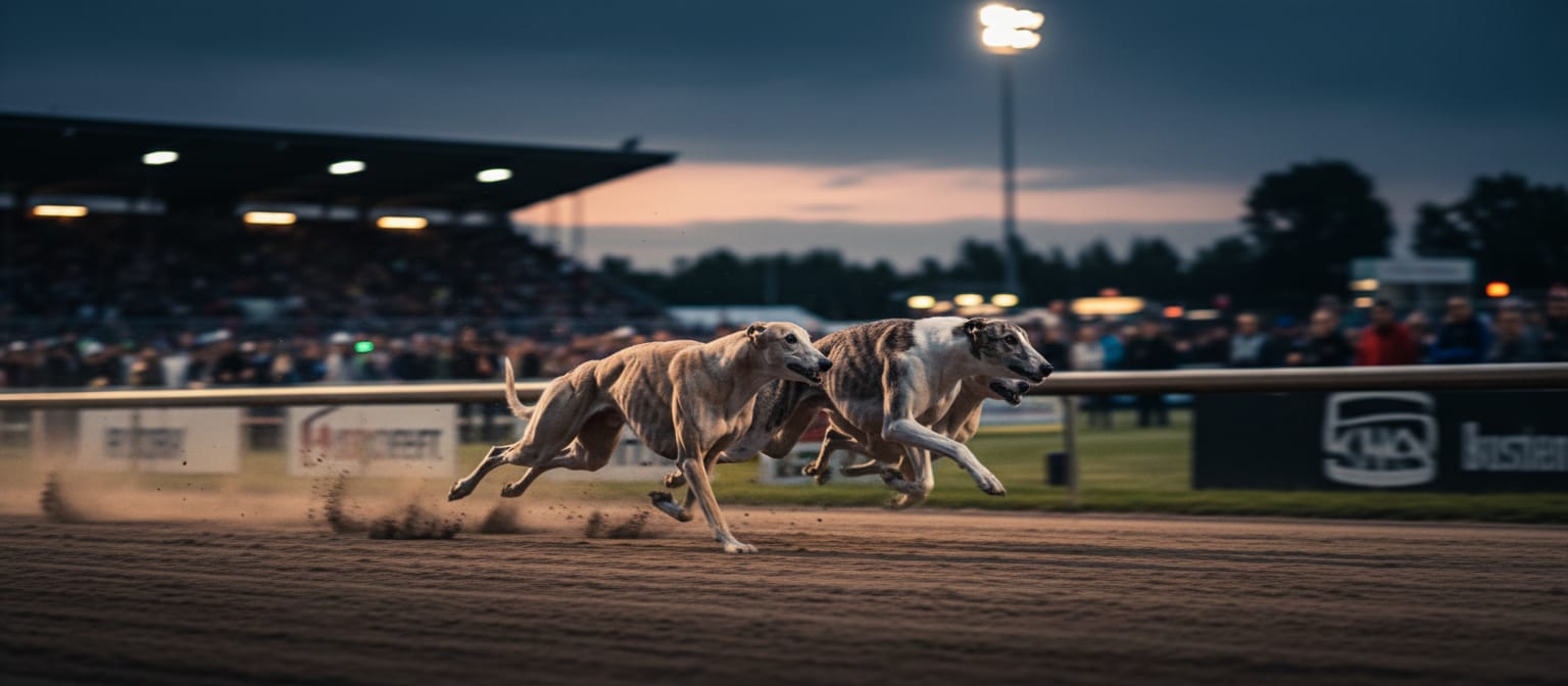 Greyhounds racing on a floodlit track
