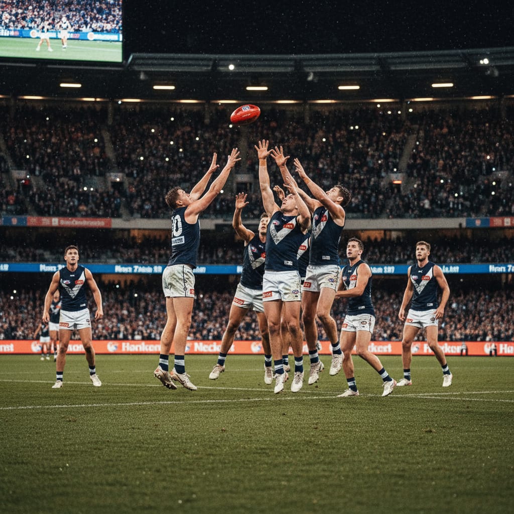 AFL players competing for the ball under stadium lights