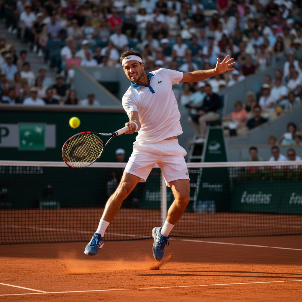 Tennis player mid-swing