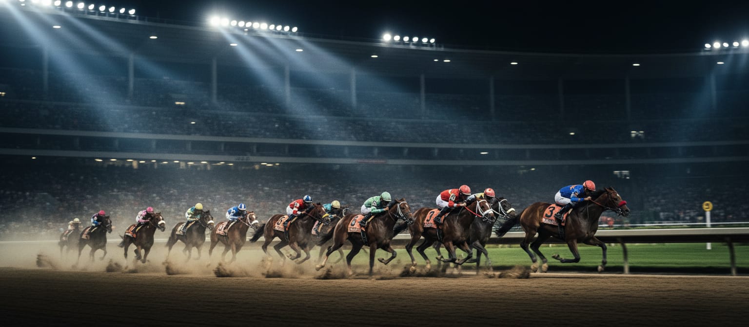 Thoroughbred horses mid-race